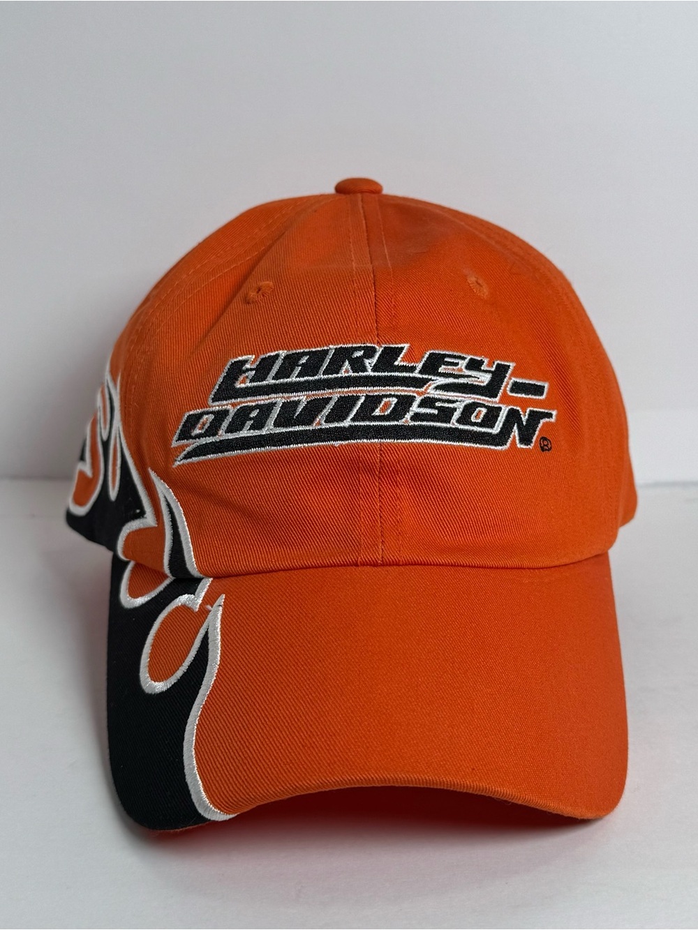 Harley Davidson Hat Cap Black Orange Wrap Around Flame Bar Logo Men's M Y2K 07”